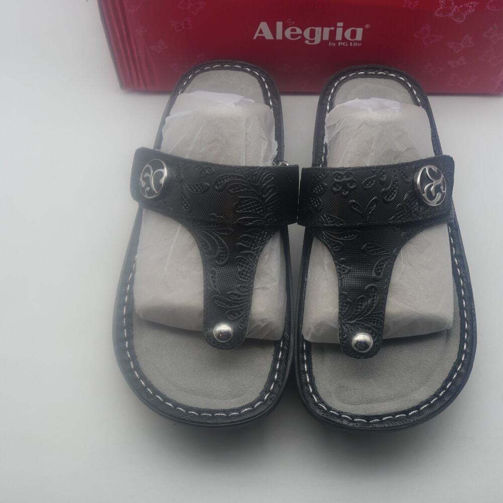 NEW Alegria Women's 8.5-9 Carina Thong Sandals Hello Doily BLACK Size 38 - Picture 11 of 16